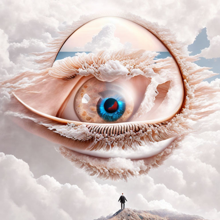 Surreal image: Giant blue iris eye in circular frame above person on mountain