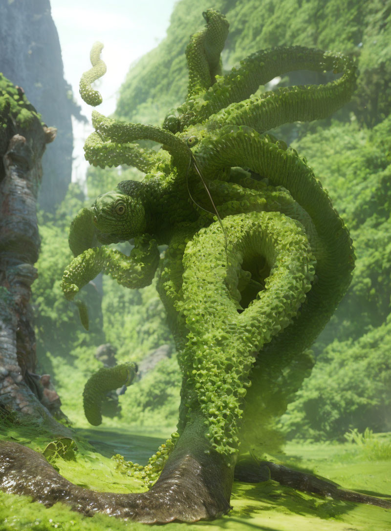 Moss-Covered Tentacled Creature in Sunlit Gorge