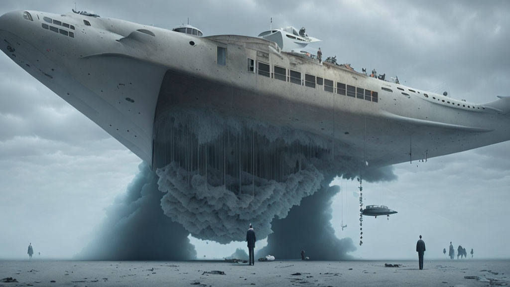 Futuristic ship with icicles hovering over misty landscape