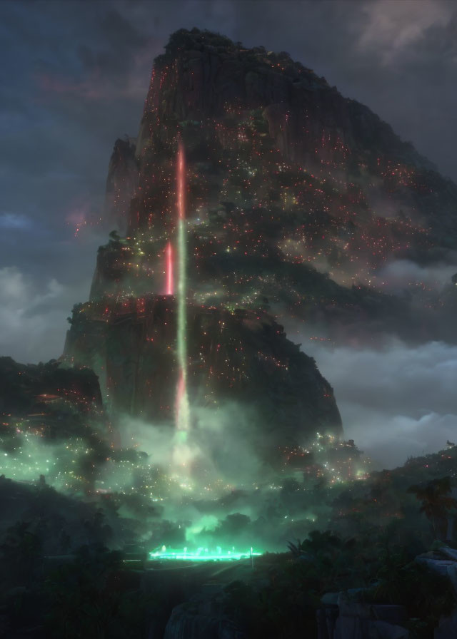 Mystical Mountain Glowing with Green and Pink Lights