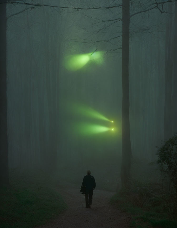 Person Walking on Misty Forest Path with Glowing Green Lights