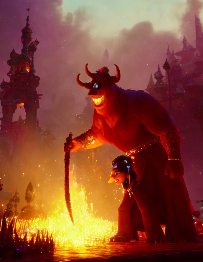 Giant horned creature and child with glowing staff in mystical city at dusk