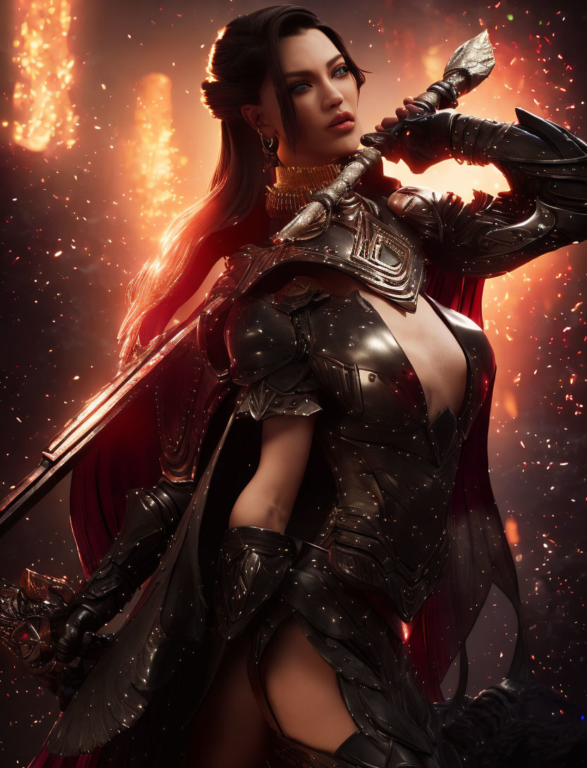 Female warrior digital art: Dark armor, fiery backdrop, strong demeanor