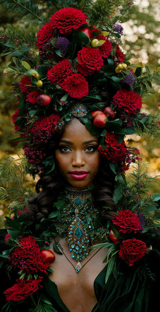 Woman with Red Flower Headpiece and Green Garment