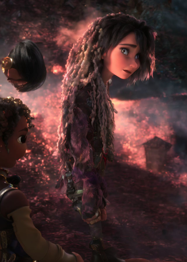 Three animated characters with unique hairstyles and outfits exploring a magical forest at dusk