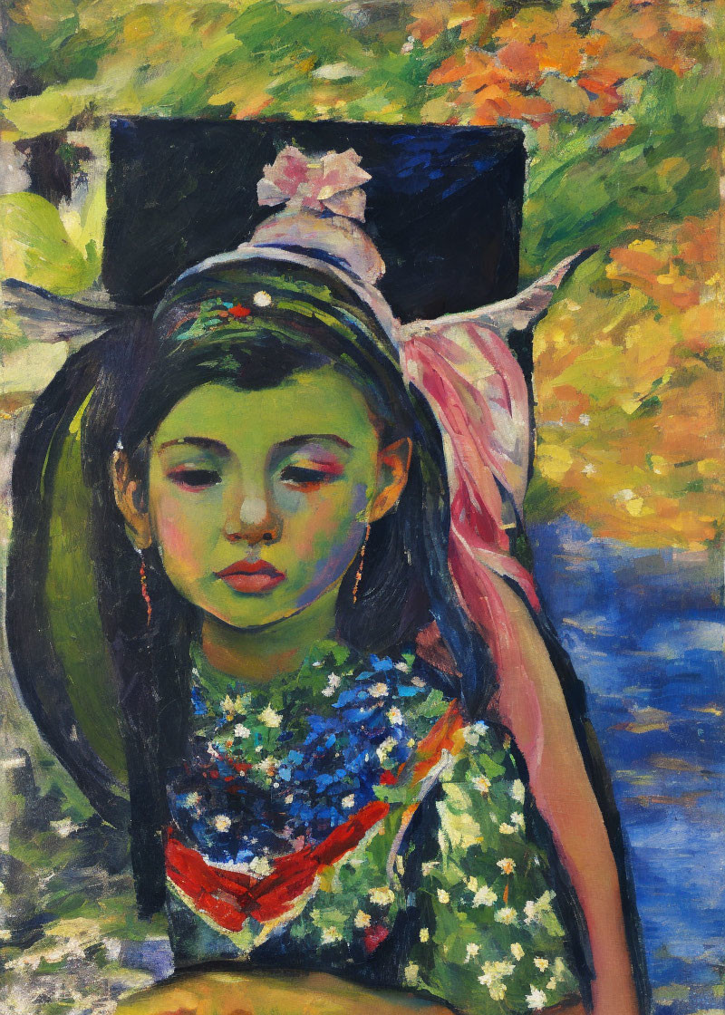 Colorful painting of young girl in floral headpiece and hat.