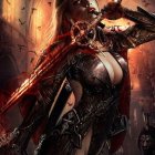 Female warrior digital art: Dark armor, fiery backdrop, strong demeanor