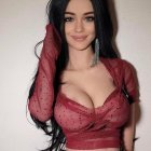 Long Black Hair, Sheer Red Top, Burgundy Bra, Leather Bottoms - Dangling E