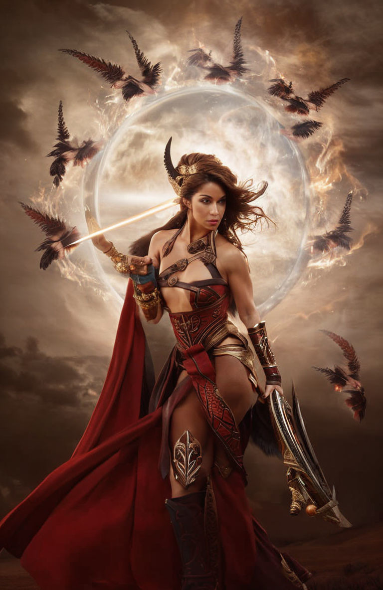 Fantasy-themed artwork: Warrior woman in ornate armor under full moon