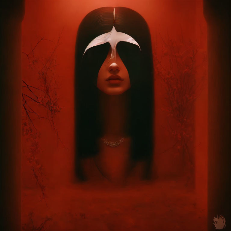 Surreal portrait of person with bird-like mask on red background