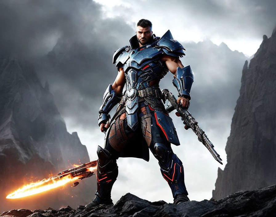 Futuristic warrior in heavy armor with sword on rocky terrain