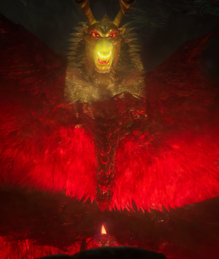 Sinister demonic figure with glowing green eyes and red feathers