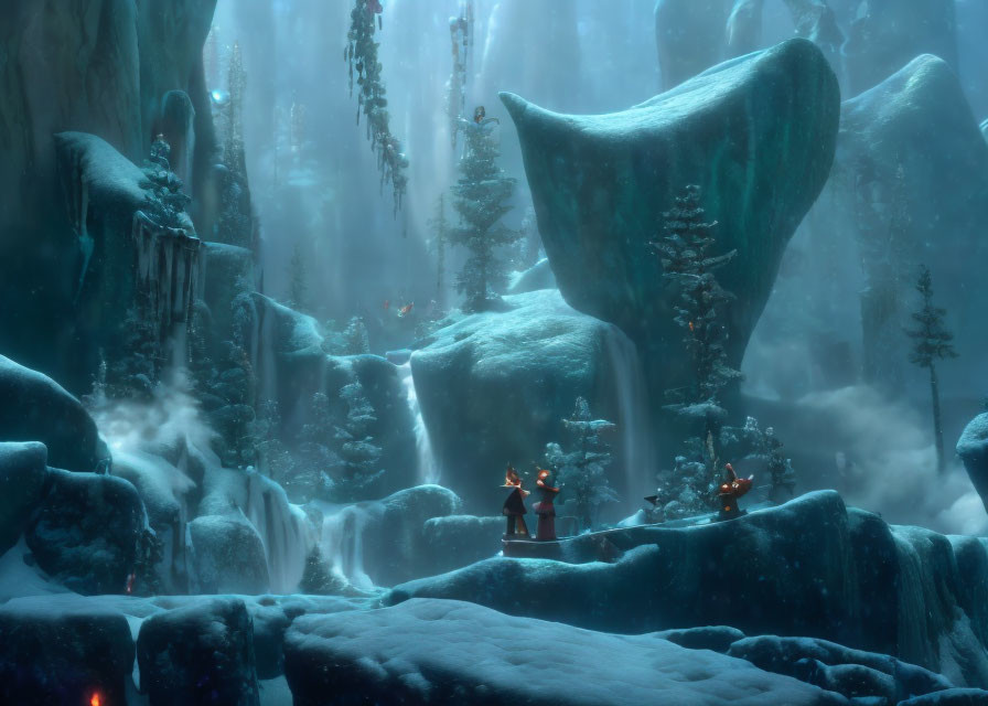 Mystical frozen forest with ice-covered trees and figures in snowscape