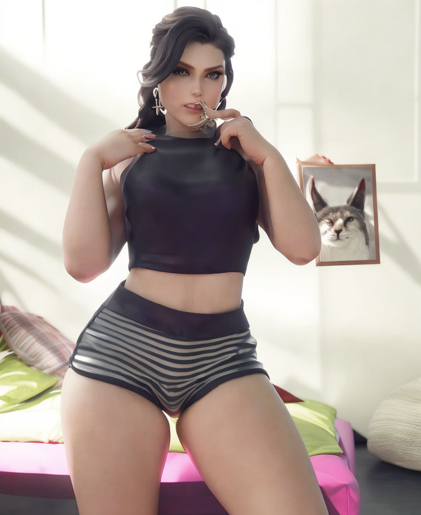 Stylized female figure in dark crop top and striped shorts holding glasses with cat picture.