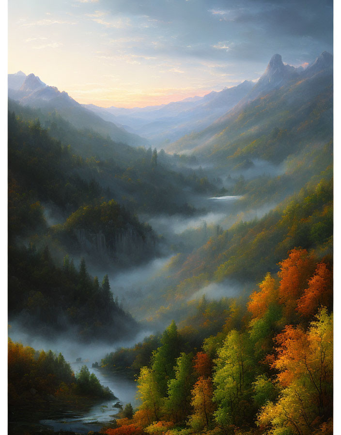 Tranquil Sunrise Landscape with Misty River and Autumn Trees