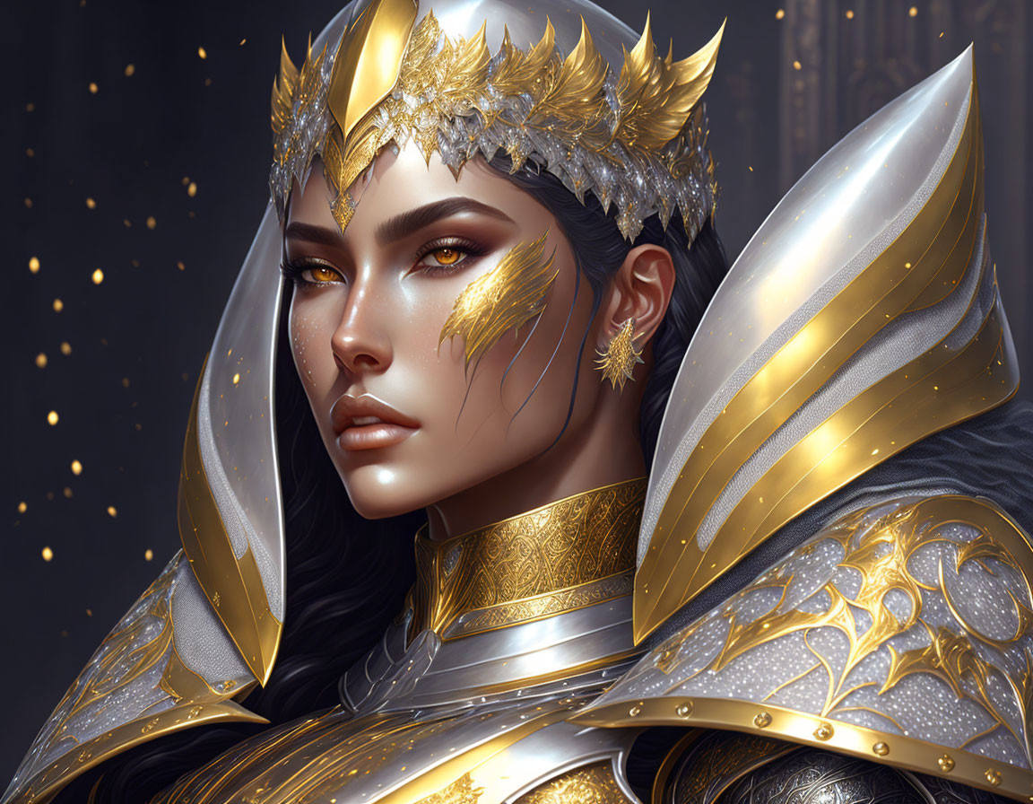 Elaborate golden armor and crown on woman in digital artwork