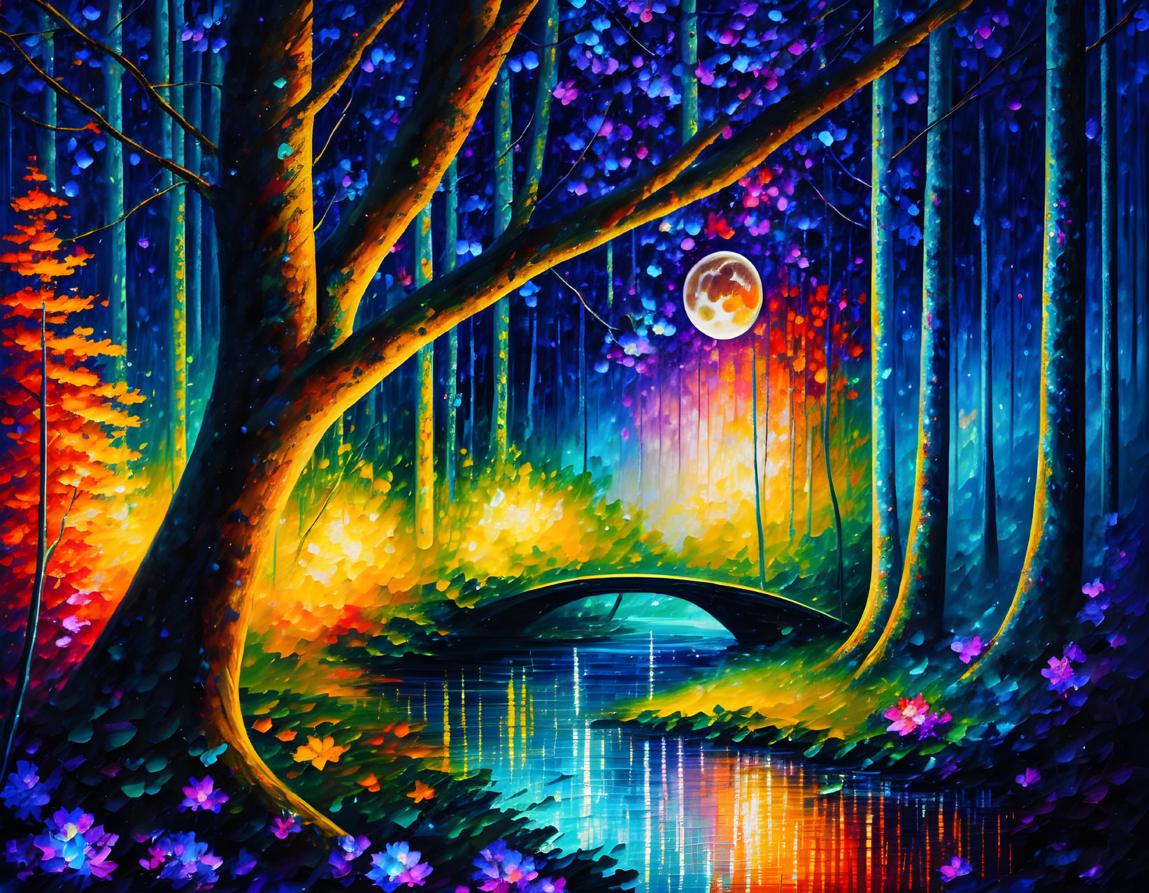 Colorful Forest with Full Moon, Bridge, and Luminous Flowers Reflecting on Water