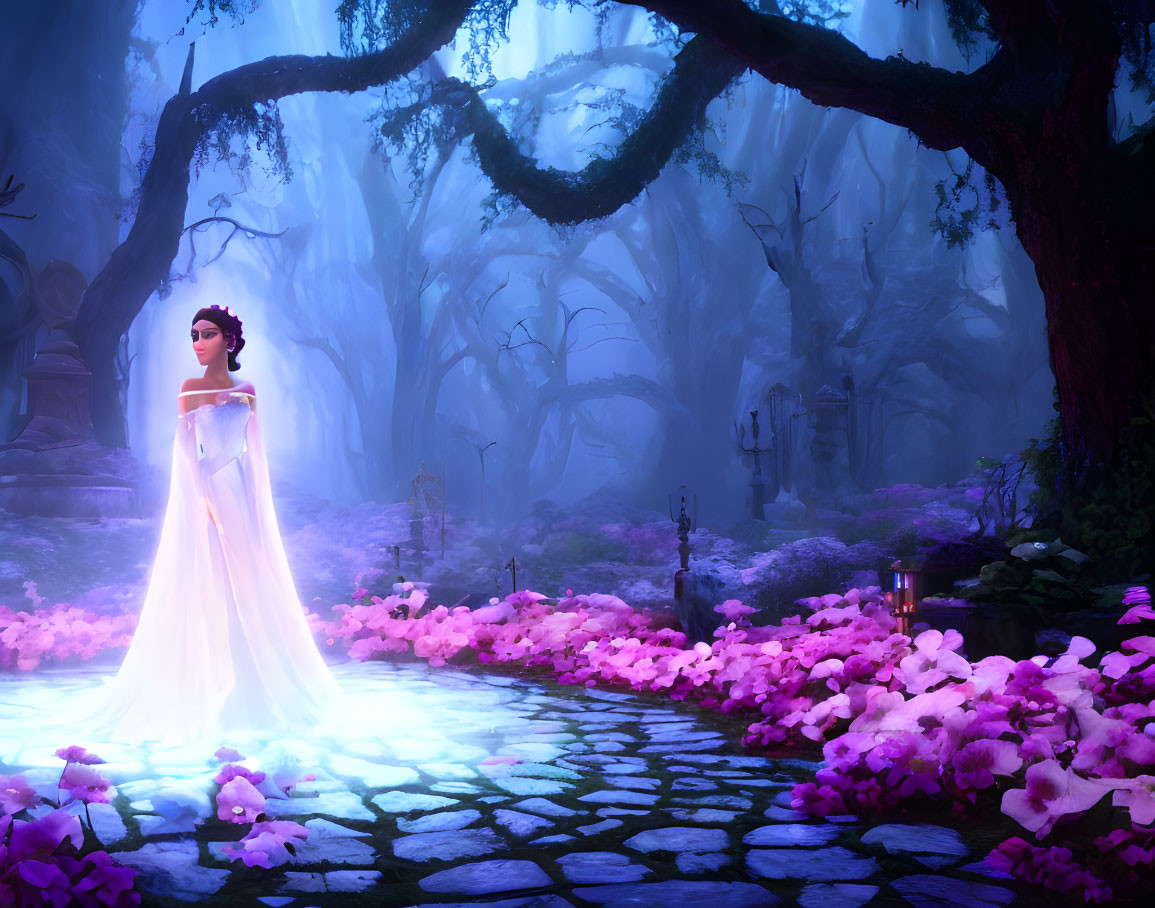 Ethereal woman in glowing white dress in mystical forest