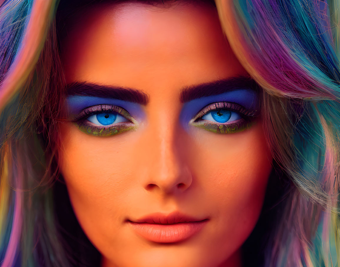 Vibrant close-up of woman with blue eyes and colorful lighting.