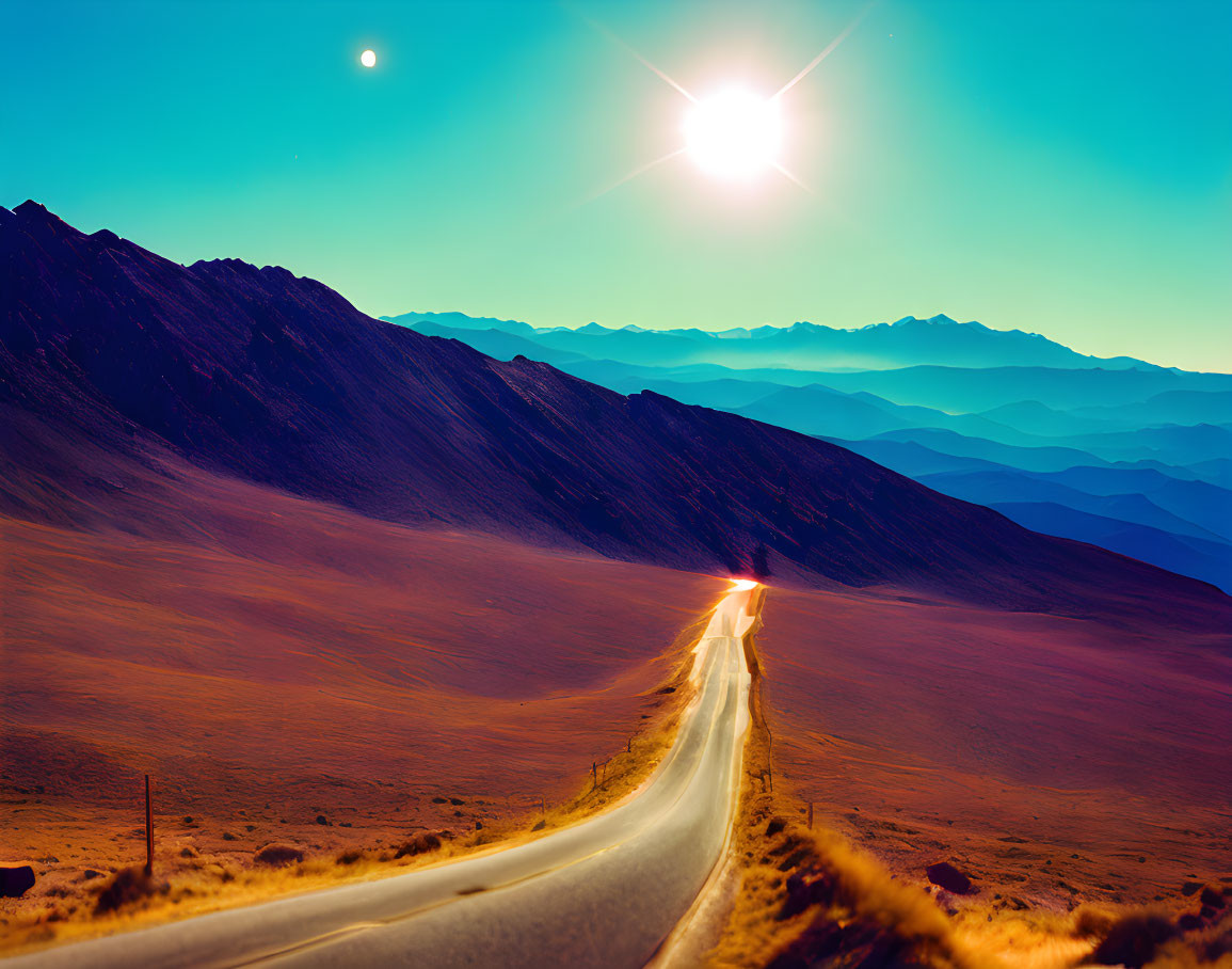 Scenic winding road through arid hills under bright sun