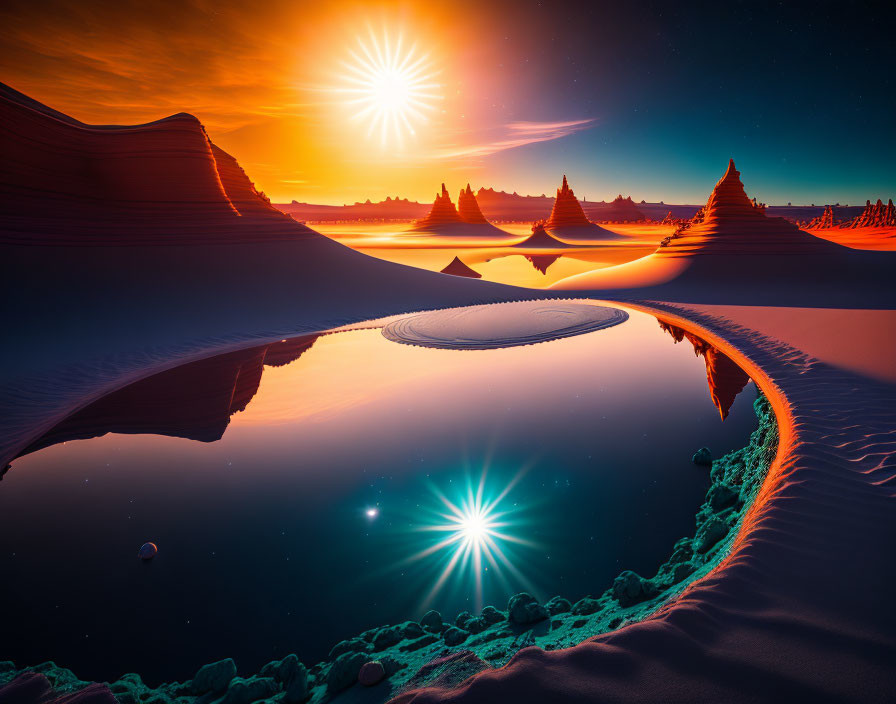 Colorful sunset over desert dunes with water reflection and star-like flares