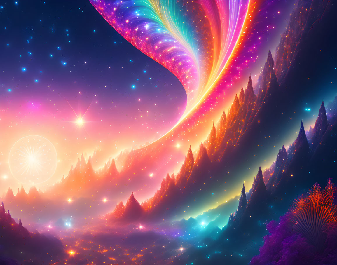 Colorful Cosmic Galaxy Over Fantasy Forest Under Starlit Sky