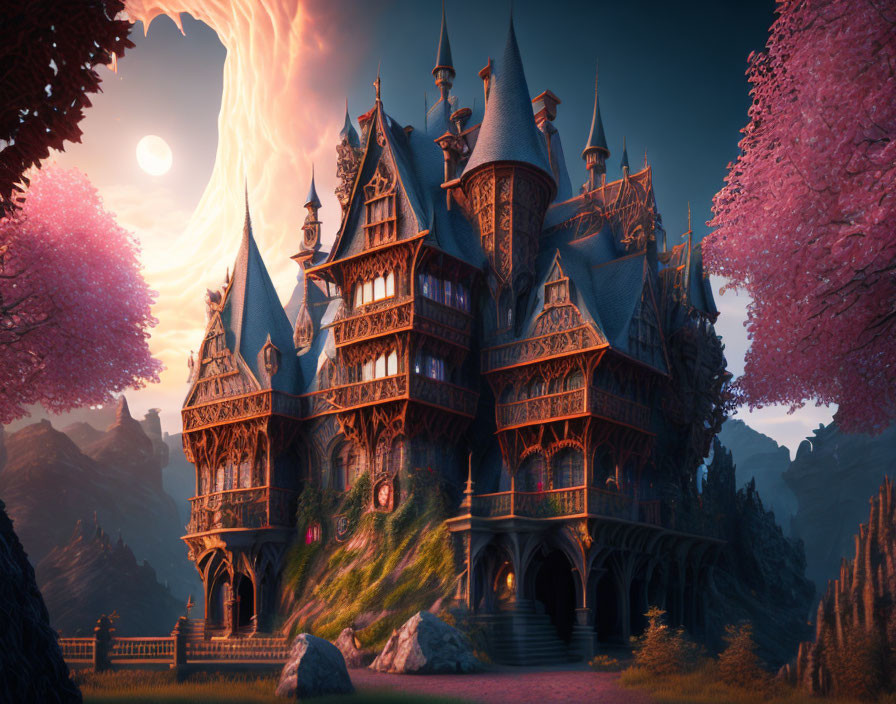 Fantastical wooden castle with cherry blossoms and volcanic eruption at twilight