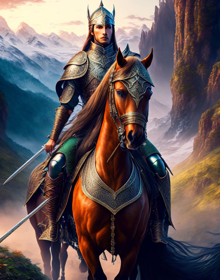 Knight in Shimmering Armor on Horse in Mountain Landscape at Sunrise or Sunset