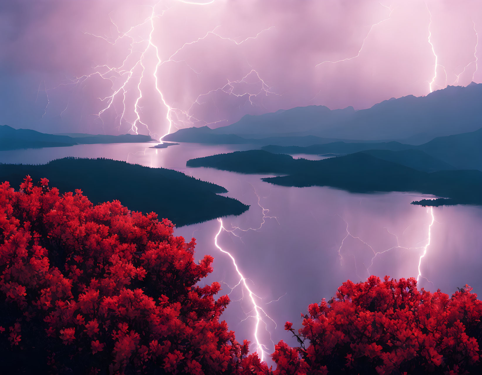 Scenic landscape with lightning storm, red foliage, lake, mountains