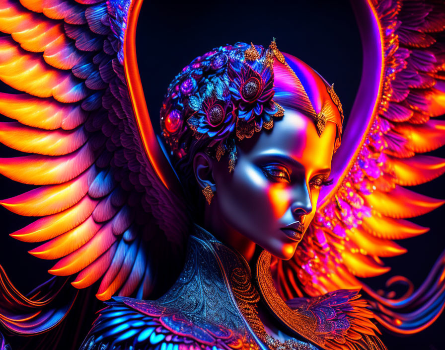 Colorful figure with glowing angel wings and intricate headgear on dark background