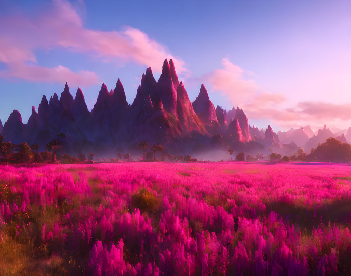 Colorful mountain landscape with pink and purple sky and lush purple flower field