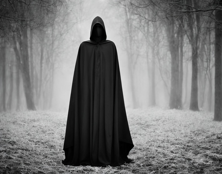 Mysterious cloaked figure in misty tree-lined path