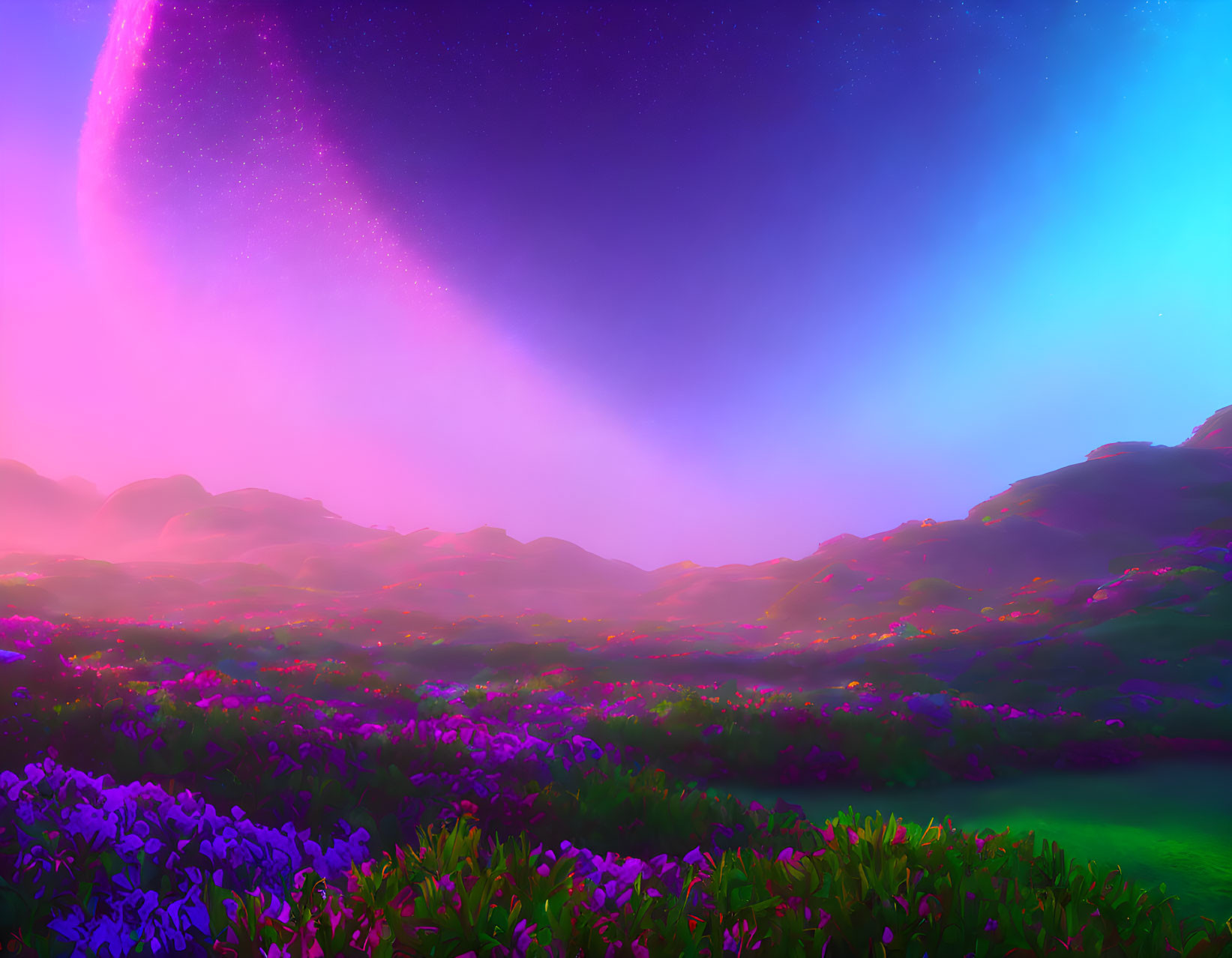 Colorful Sky with Comet Over Purple Flowered Hills