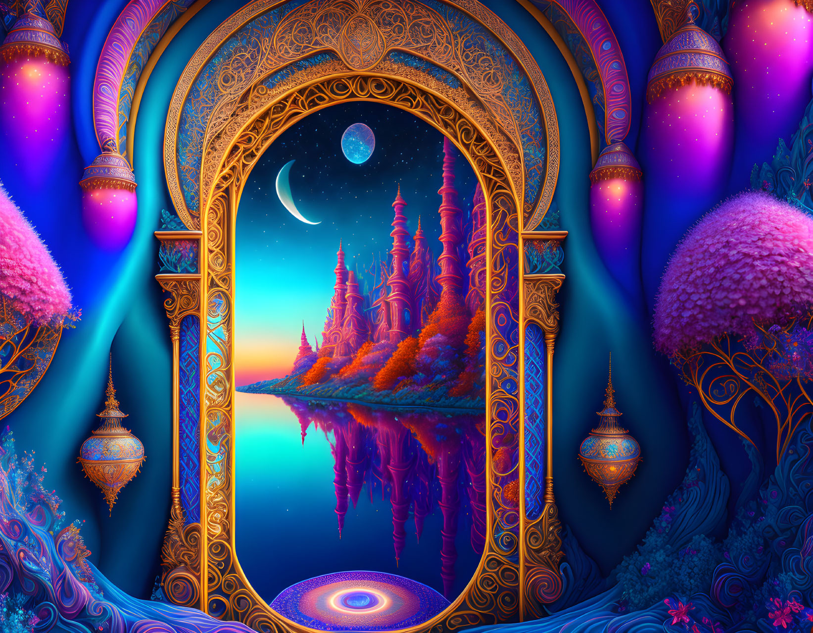 Golden archway leading to vibrant magical landscape with trees, water, lanterns, and crescent moon