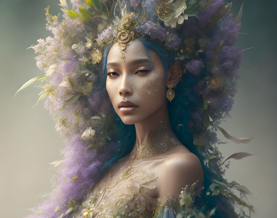 Digital artwork of woman with floral headpiece, face embellishments, and gold jewelry