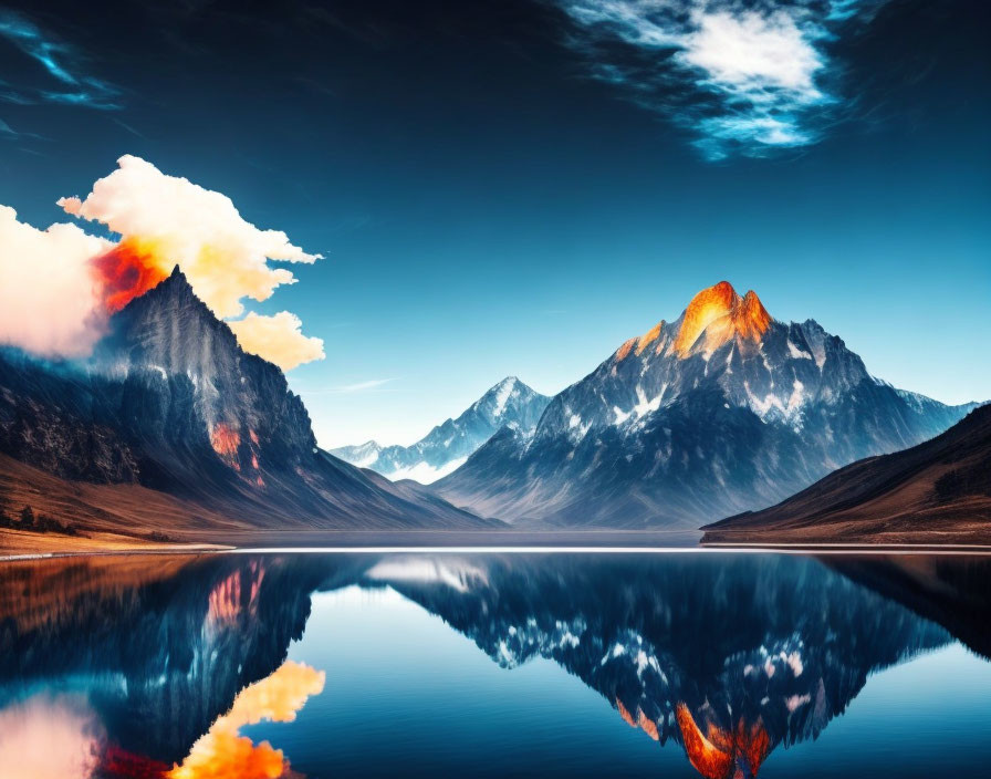 Tranquil lake mirroring vibrant mountain range under illuminated sky