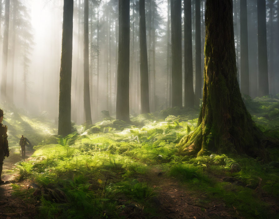 Misty forest scene with sunbeams and green ferns