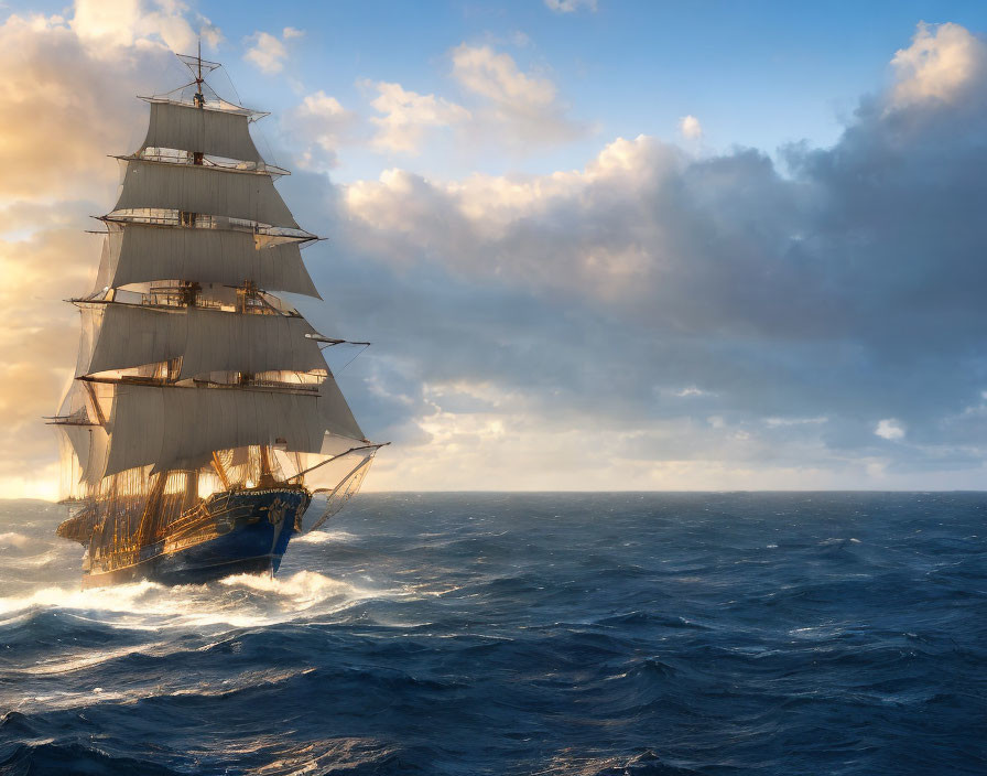 Tall ship sailing through rough ocean waters at sunrise