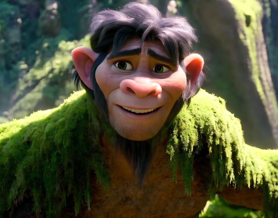 Friendly animated character with black hair and big ears in forest setting