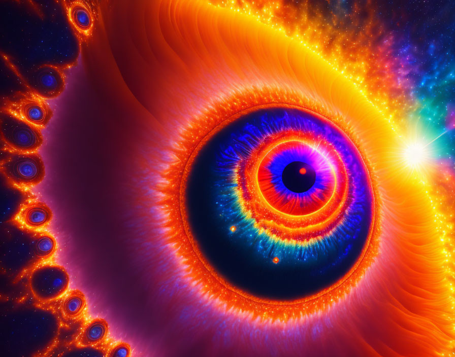 Colorful surreal eye with fractal design and celestial elements