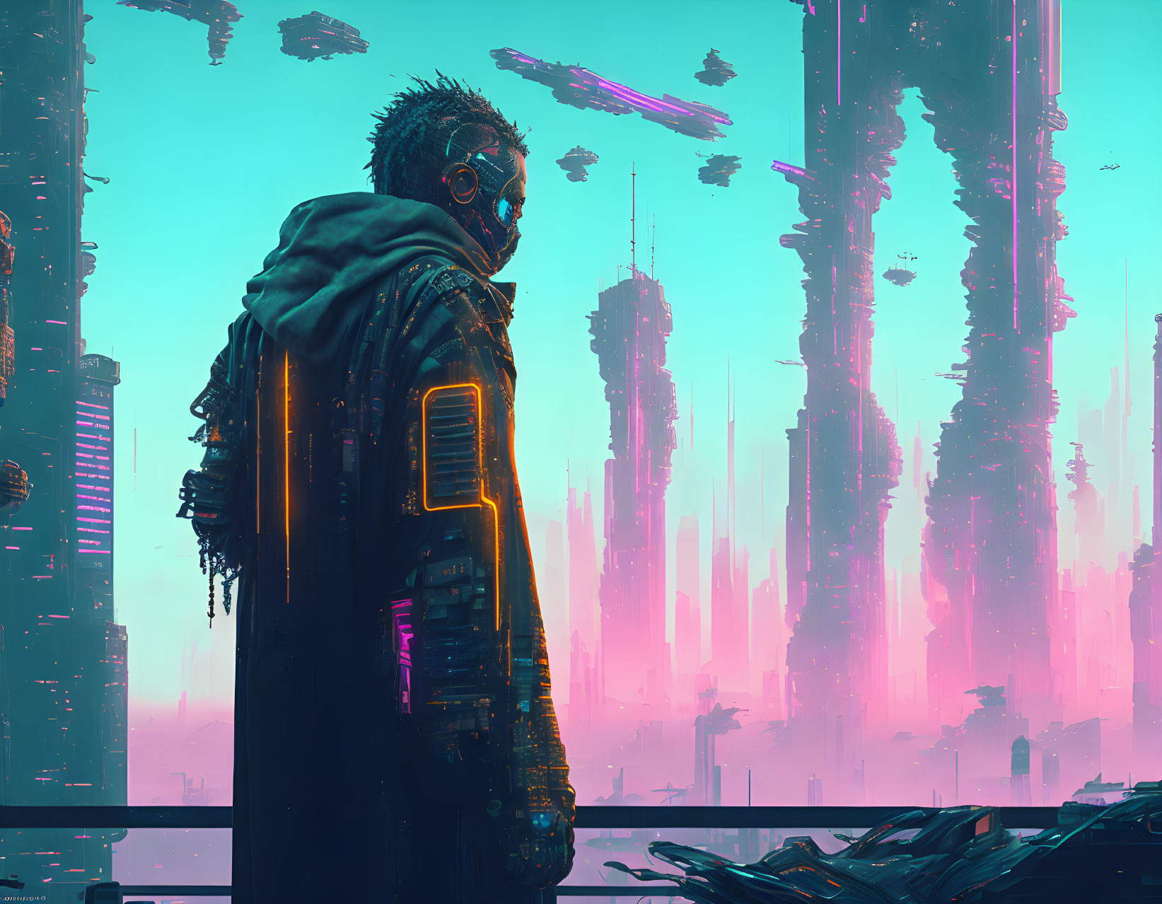 Futuristic armor wearer gazes at cityscape under pink and blue sky