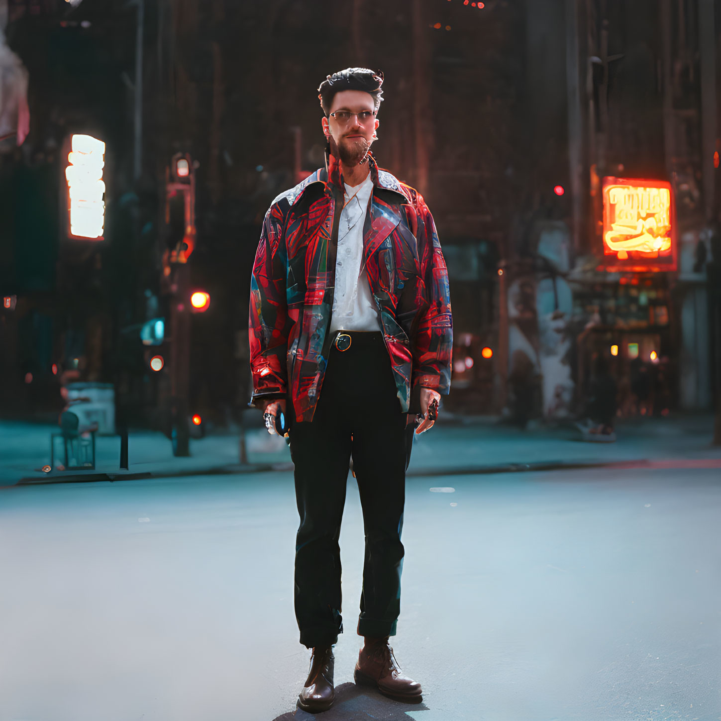 Confident man in stylish urban outfit under vibrant neon lights