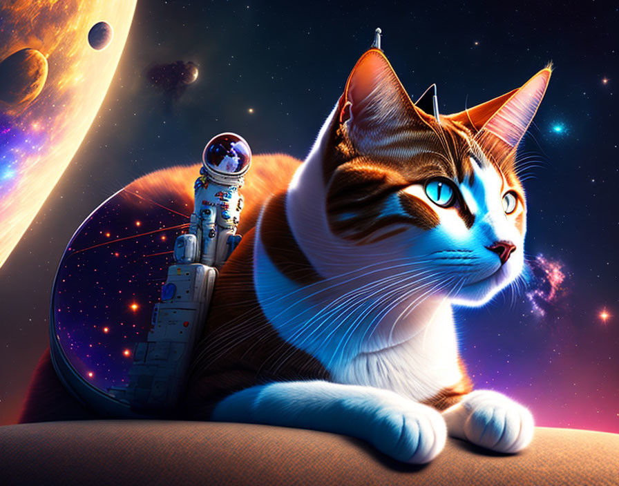 Digital artwork: Astronaut-cat in space suit backpack gazes at cosmos with vibrant planets and stars.