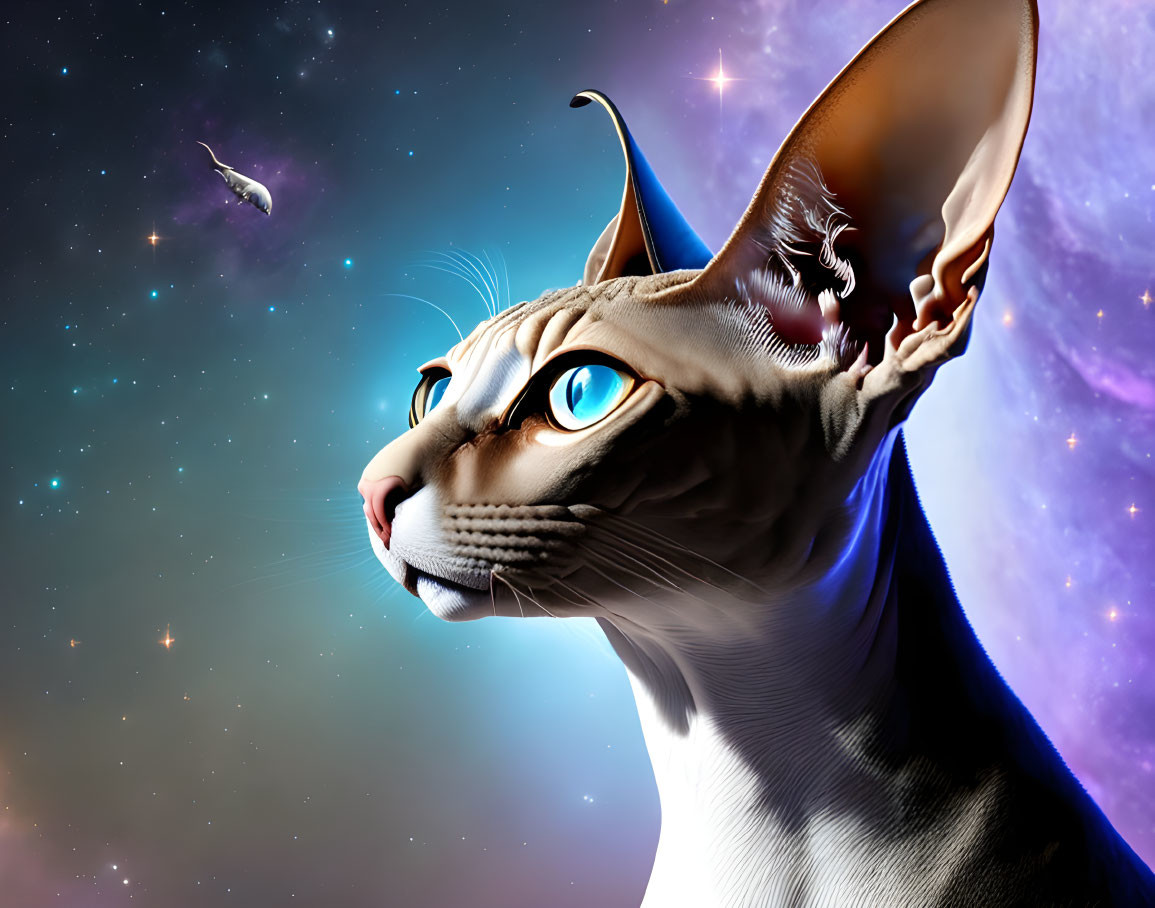 Detailed Sphynx Cat Illustration with Blue Eyes and Party Hat on Cosmic Background