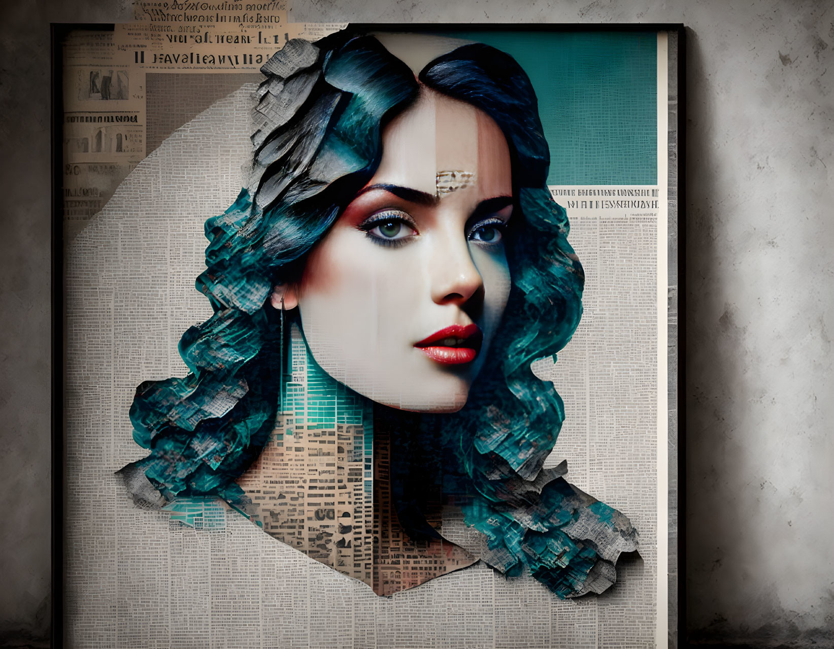 Digital art portrait of woman with newspaper clippings for hair in media-themed backdrop