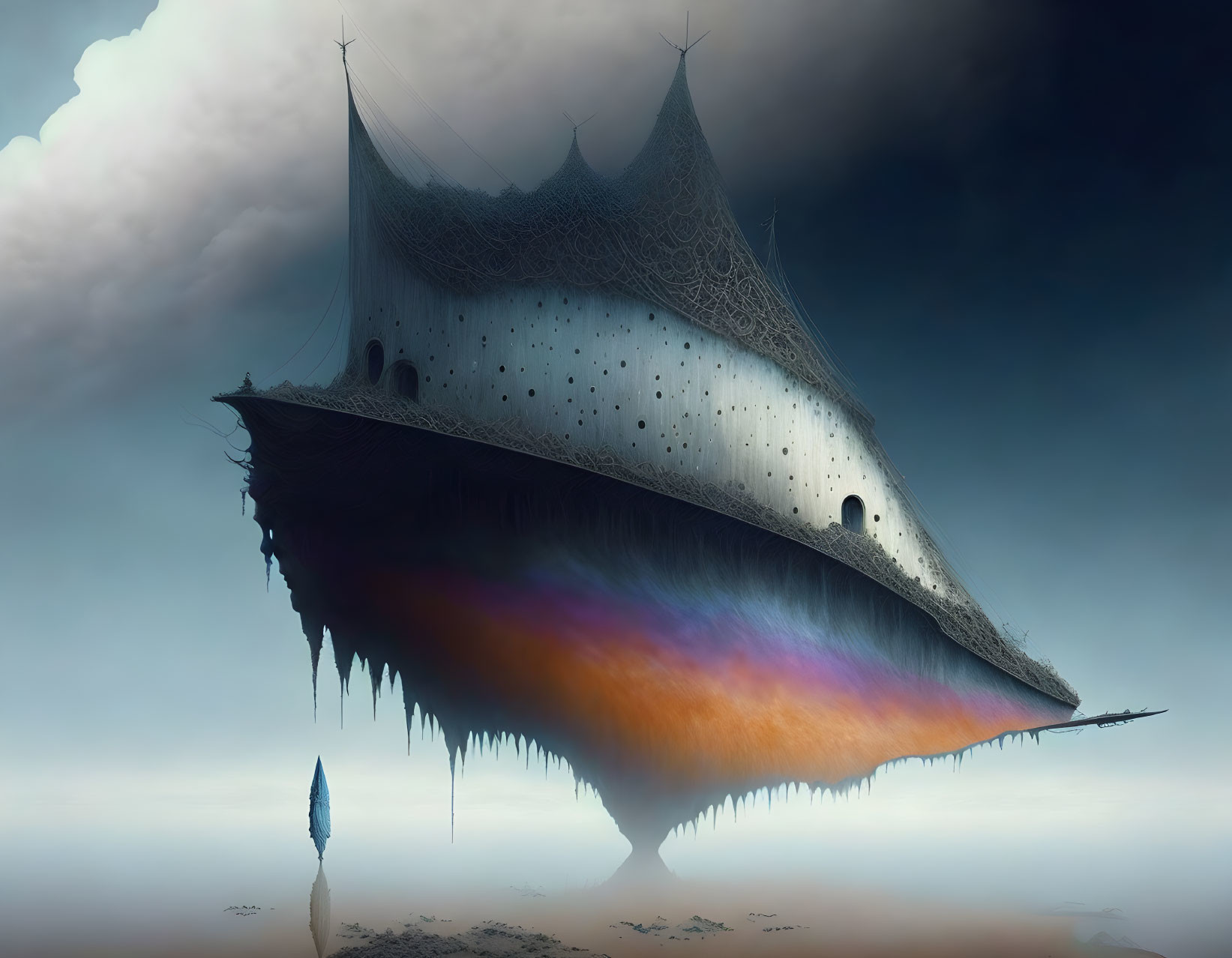 Surreal floating structure with spire, cobweb-like texture, and rainbow underbelly