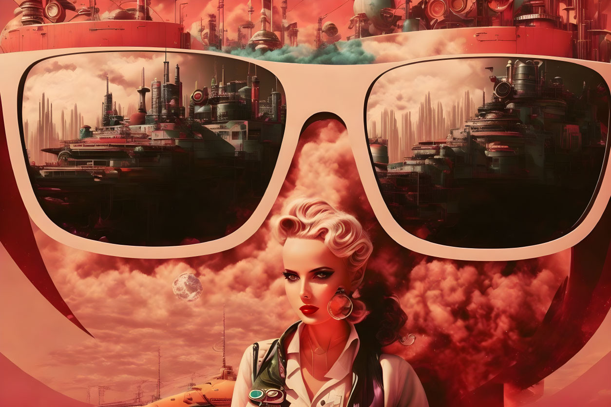 Stylized artwork of woman with red lipstick and futuristic sunglasses in dystopian cityscape