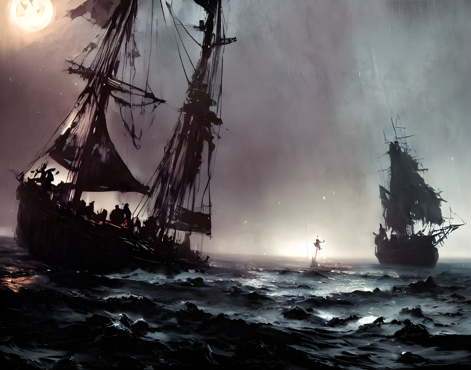 Sailing ships in rough seas with glowing figure under moonlight