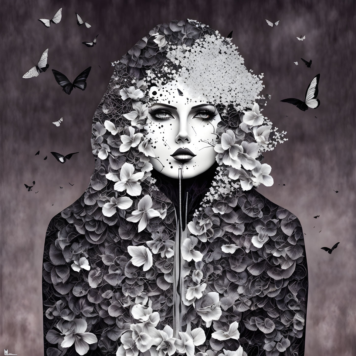 Monochromatic artwork: person with floral head, butterflies, hydrangea petals, masked visage