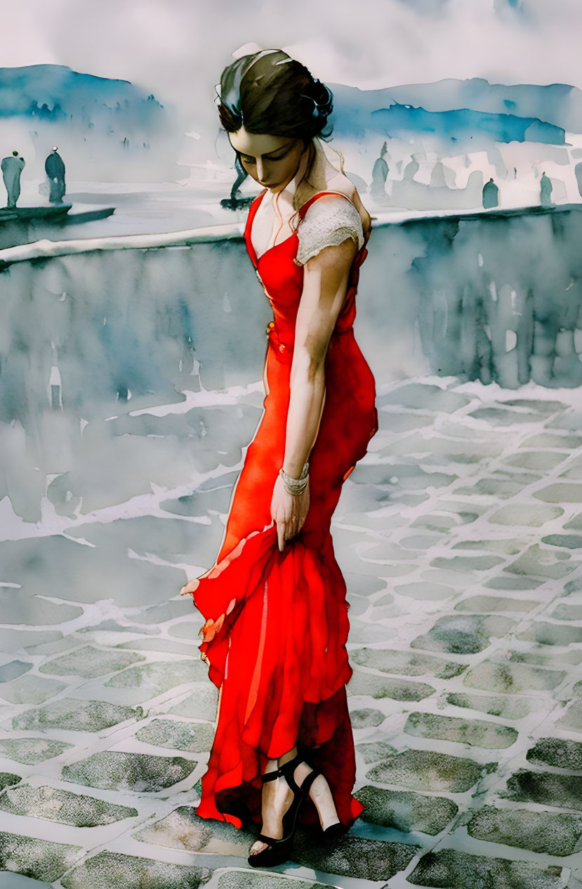 Woman in red dress and black heels on cobblestone with blue landscape